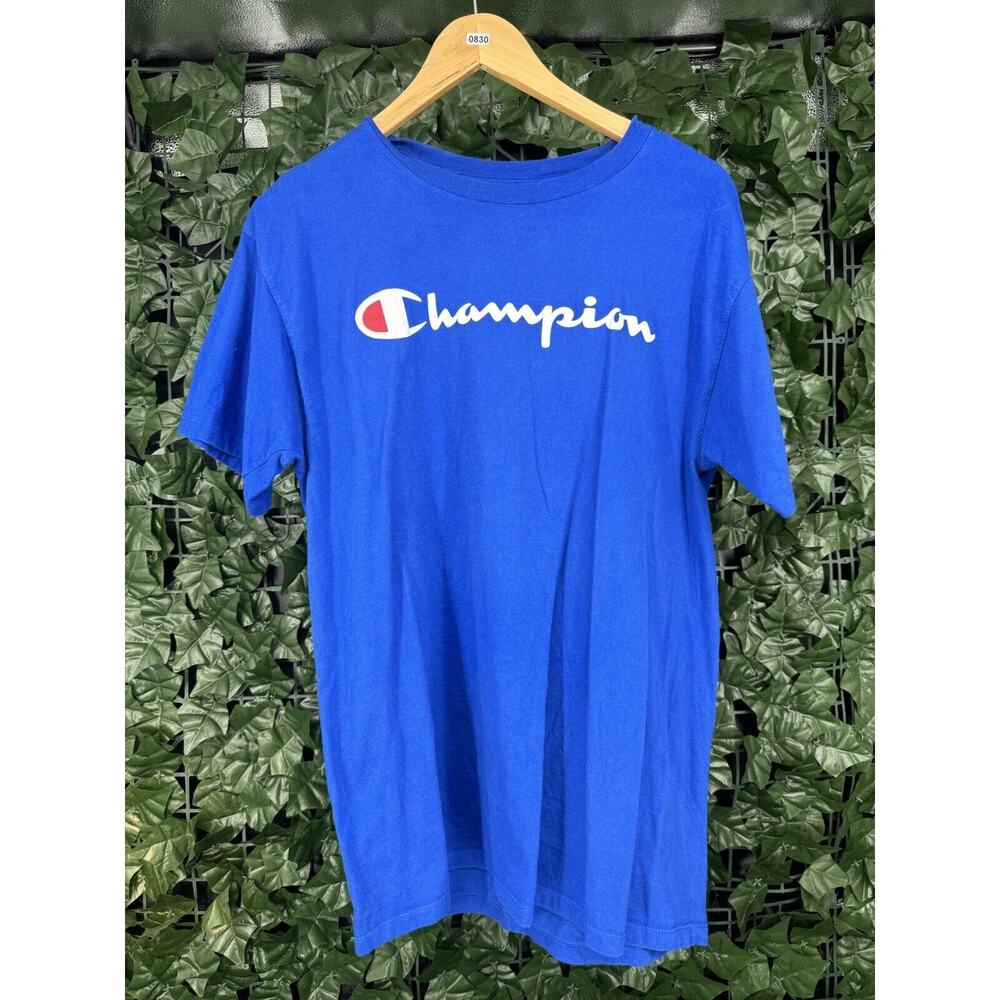 Champion Men’s Classic Vintage Script Logo T-Shirt Bozetto Blue. medium